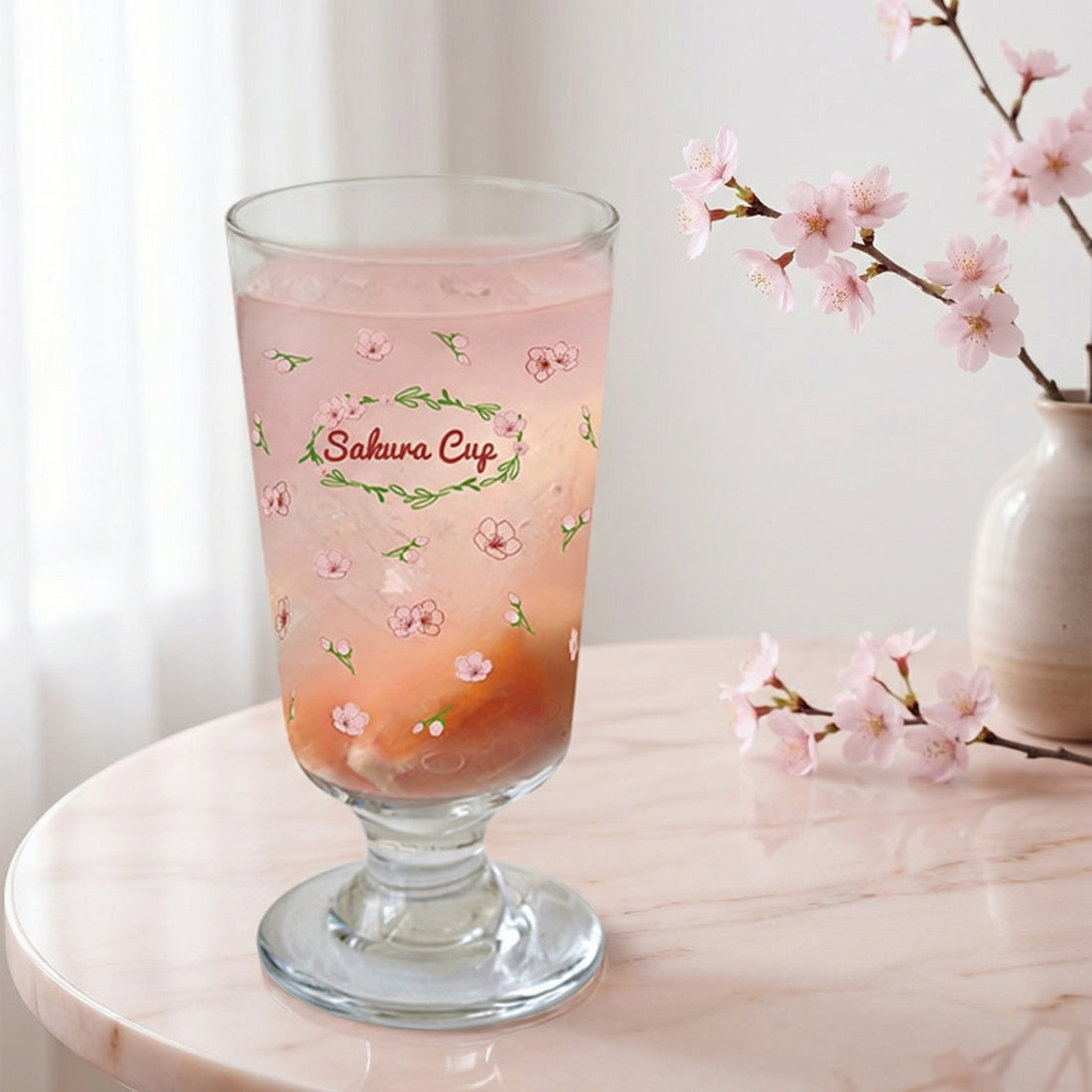 Cherry & Sakura Illustrated Goblet Glass